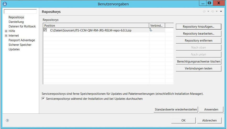 Auswahl der Datenquelle im Installation Manager